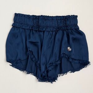 Free People Navy Blue Ruffled Satin PJ Shorts with Embroidered Detail